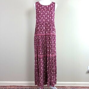Max Studio Floral Tiered‎ Boho Burgundy Maxi Dress High Neck Pockets Size Medium